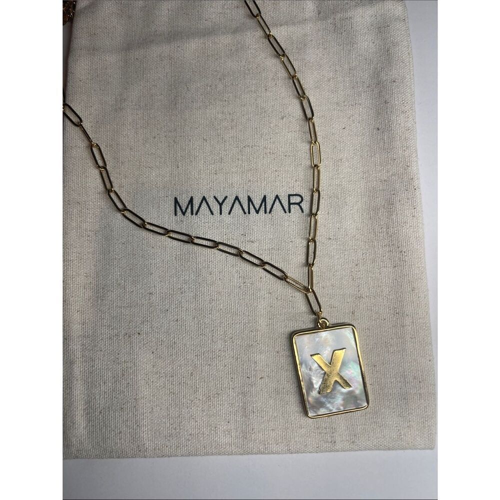 Gold X Rectangle Pendant Paperclip Necklace with Mother-of-Pearl by Mayamar